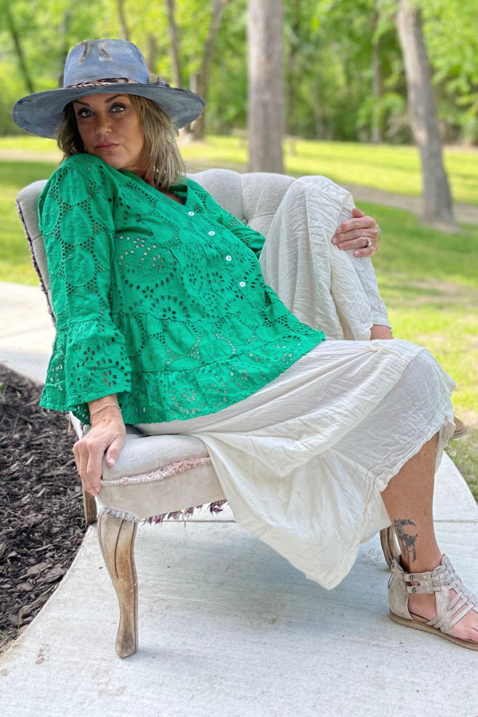 New Day Dawning Eyelet Top - Kelly Green
